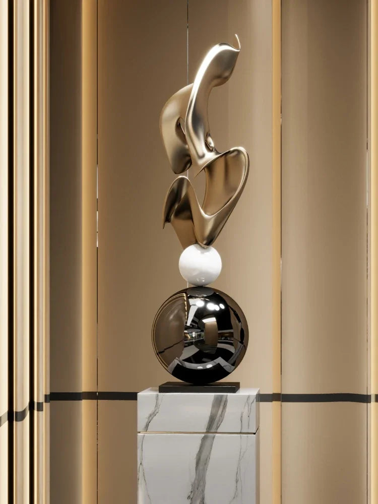 sculpture contemporaine ornementale moderne minimaliste marbre gris sculpture abstraite forme organique surface polie socle
