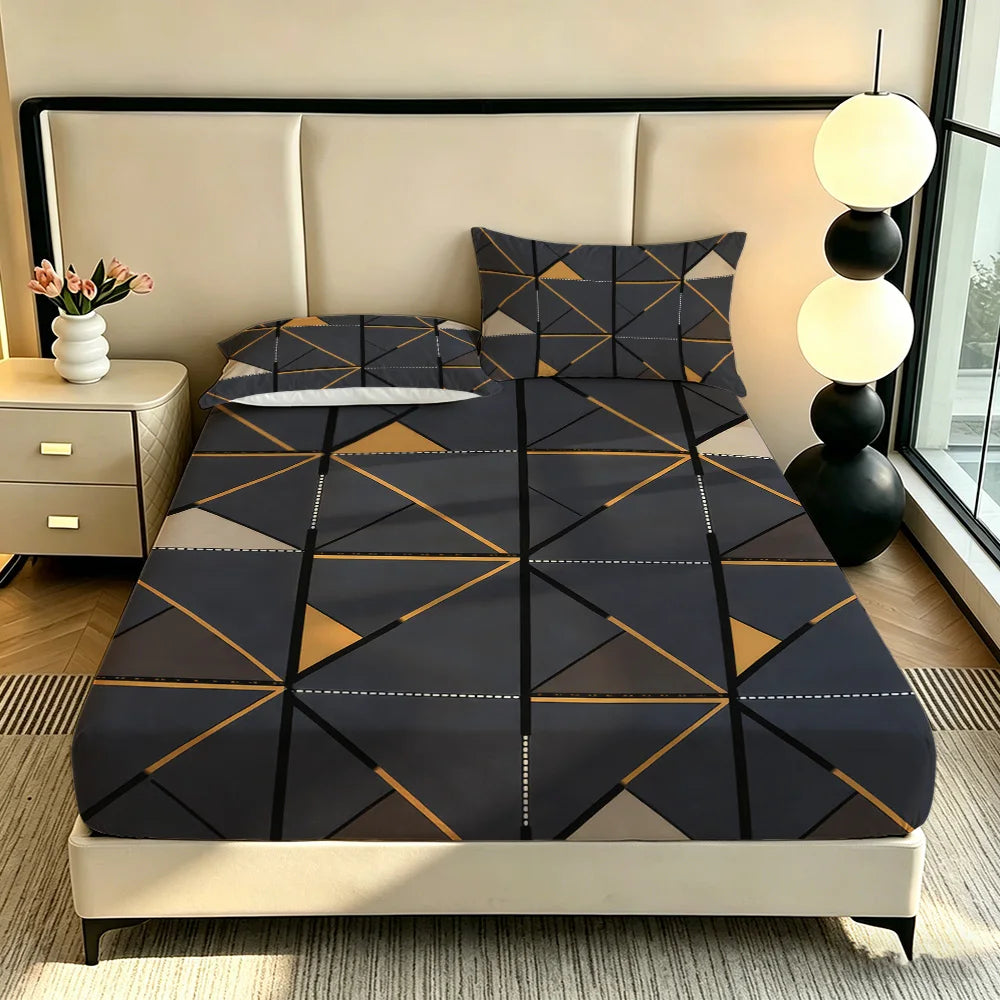 ensemble literie moderne drap housse bleu foncé gris doré motifs triangles taies oreillers adultes