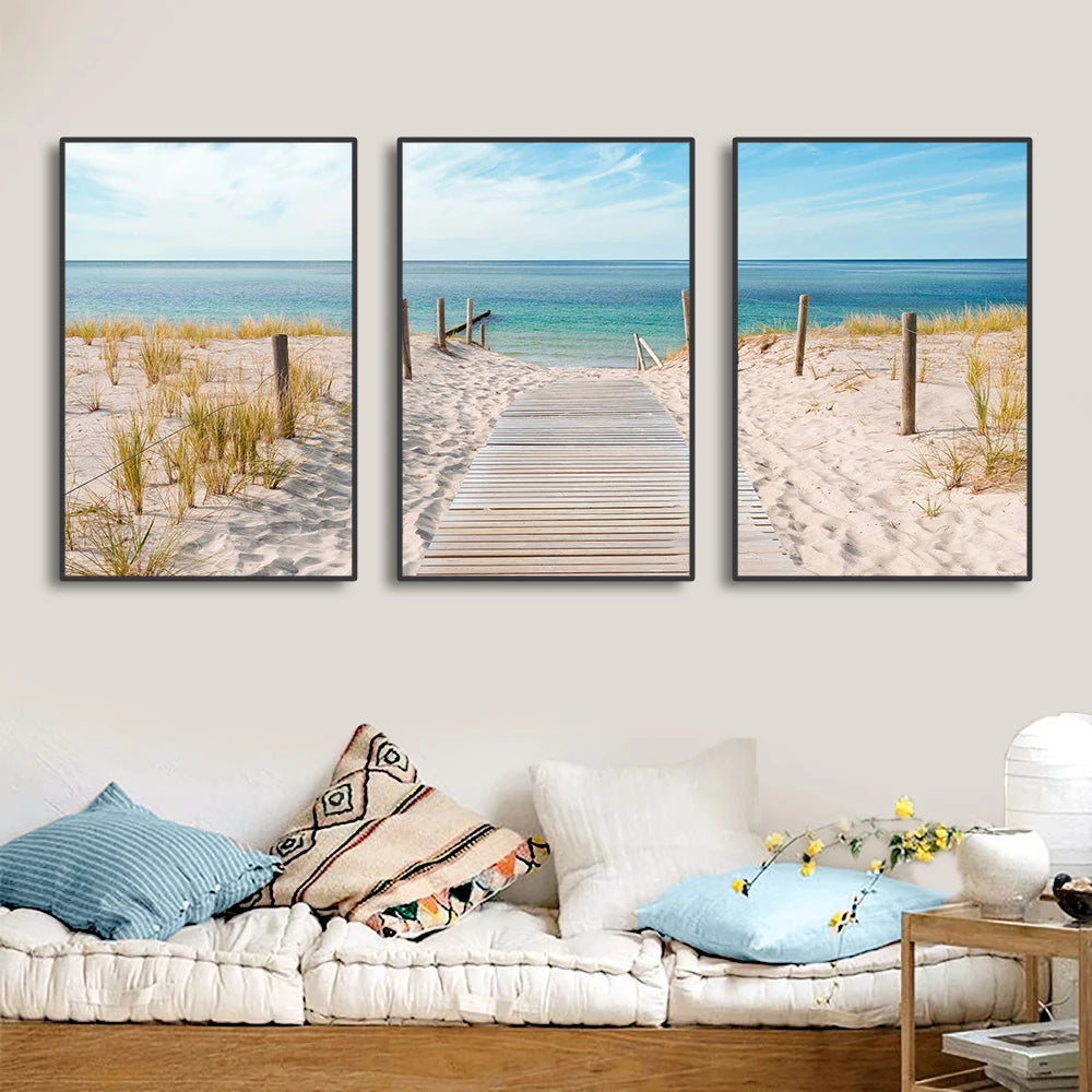tableau toile paysage marin plage moderne décoration murale salon bleu beige blanc