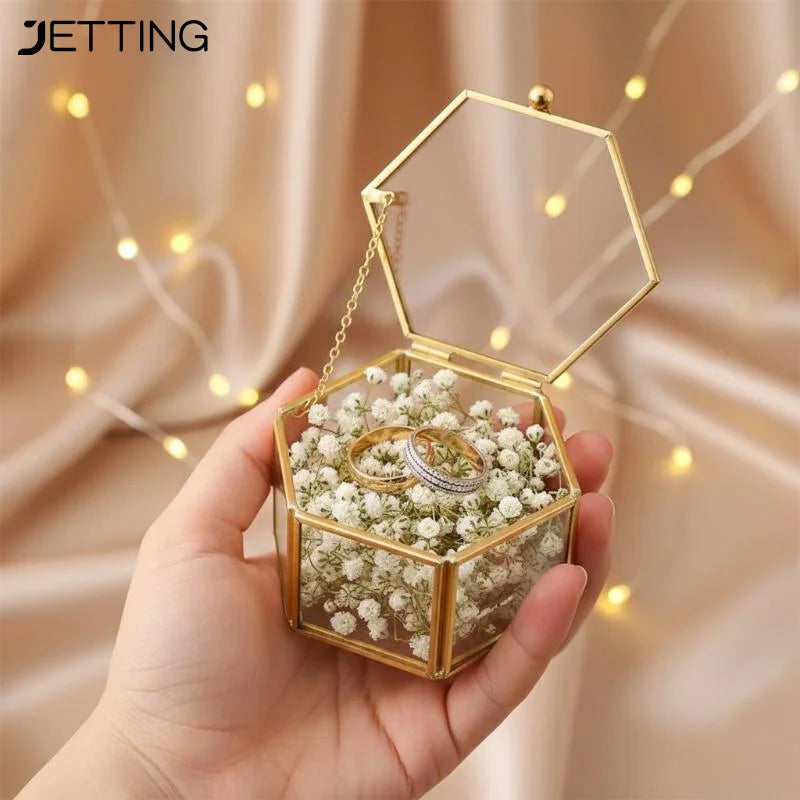 boîte bijoux hexagonale or transparente moderne élégante chaîne blanches rangement accessoires vitrine simple