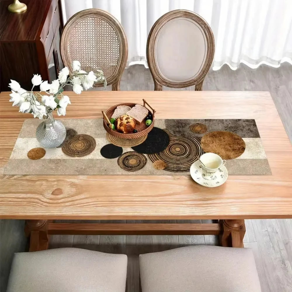 table cuisine moderne lin motifs abstraits beige marron rustique contemporain fermier