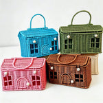 panier rangement osier motif maison fenêtres porte vintage bleu vert rose marron beige poignée