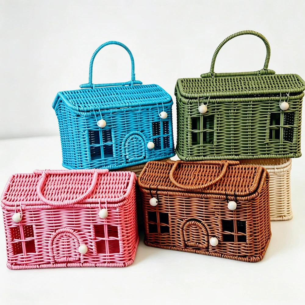 panier rangement osier motif maison fenêtres porte vintage bleu vert rose marron beige poignée