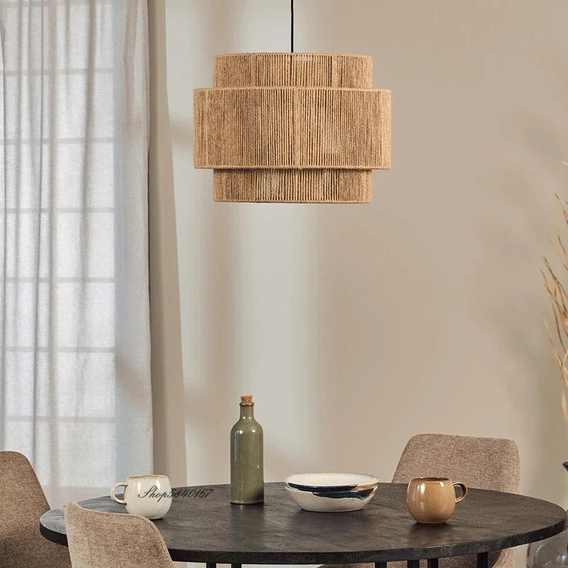 Suspension lumineuse tissu marron clair moderne rustique câble noir chambre salon