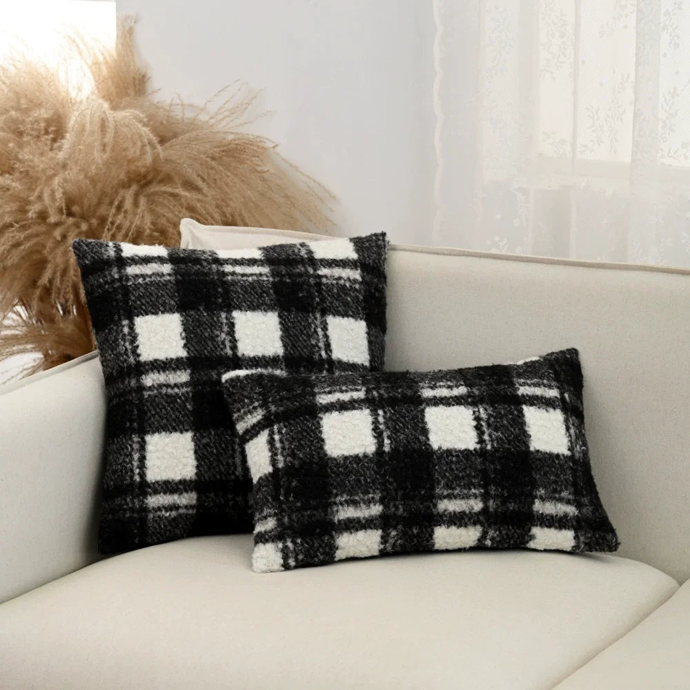 housses coussin orange beige carreaux rustiques plaids décoratifs polyester respectueux environnement farmhouse