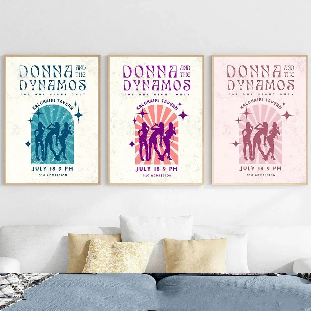 affiche vintage danse silhouettes soleil étoiles couleur violet rose bleu blanc maisonDecoration toile sansCadre