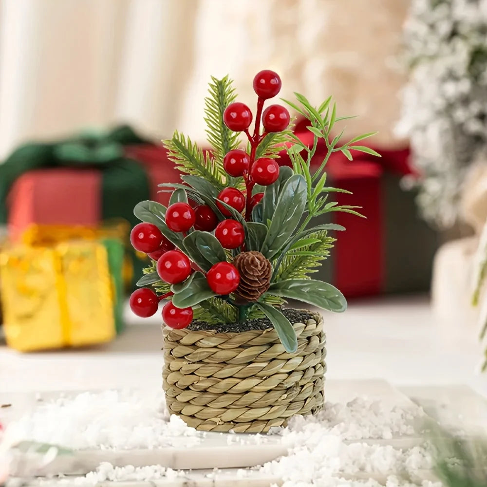 bouquet artificiel noël baies rouges cône pin feuilles vertes décoration intérieure