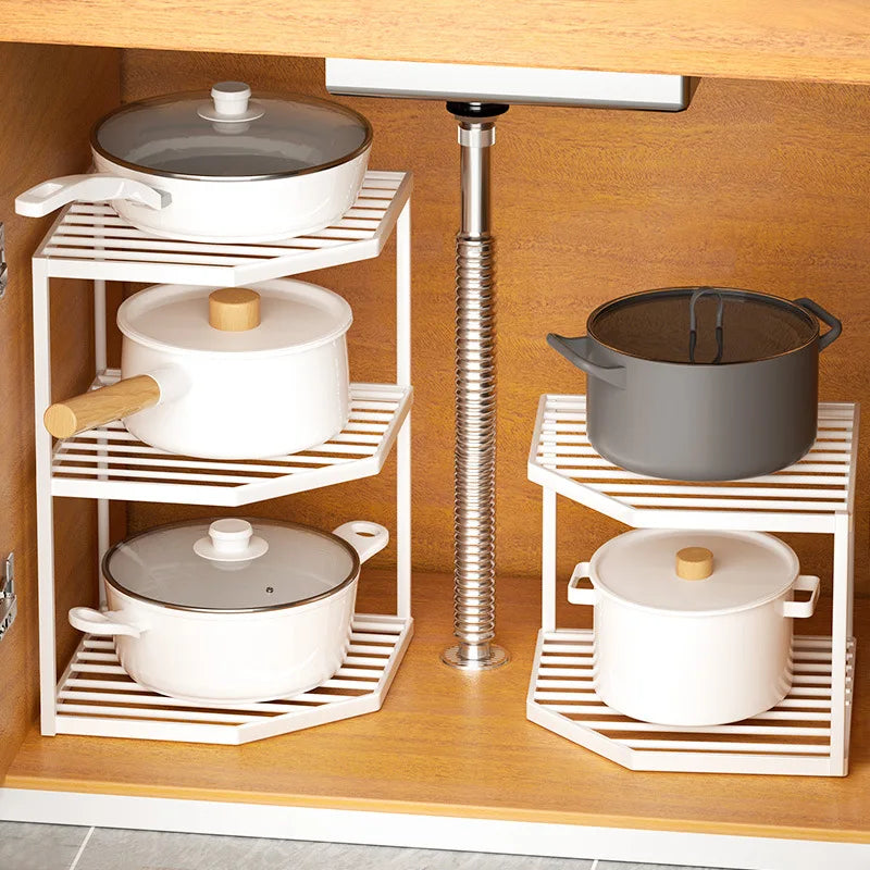 étagères d'angle multi usages modernes blanc noir gris rangement ustensiles cuisine pot couvercle assiettes