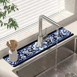 tapis cuisine bleu marine fleurs blancs antidérapant rapide absorption eau durable réutilisable comptoir bar