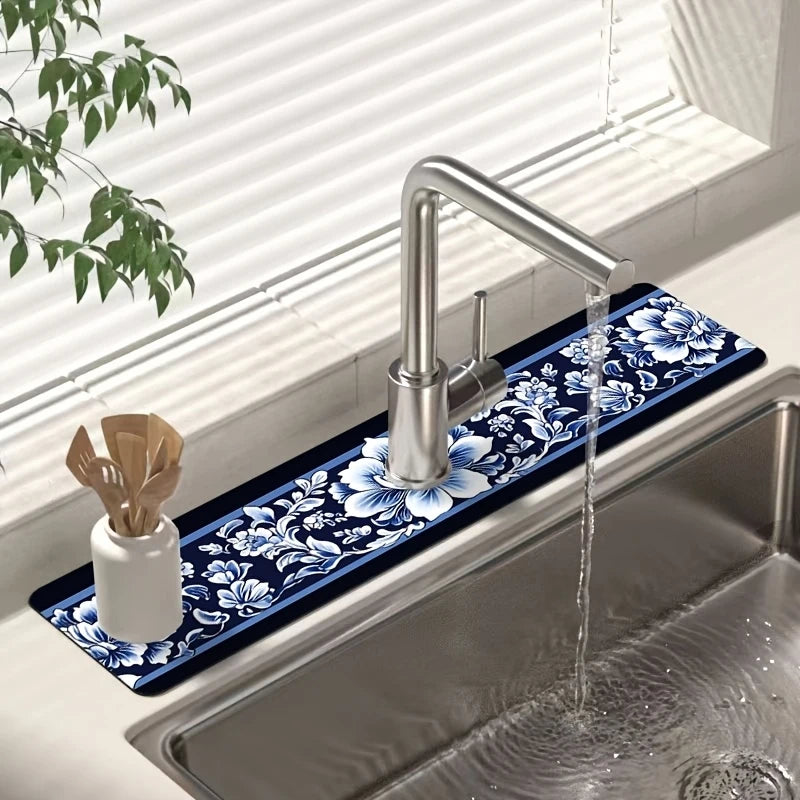 tapis cuisine bleu marine fleurs blancs antidérapant rapide absorption eau durable réutilisable comptoir bar