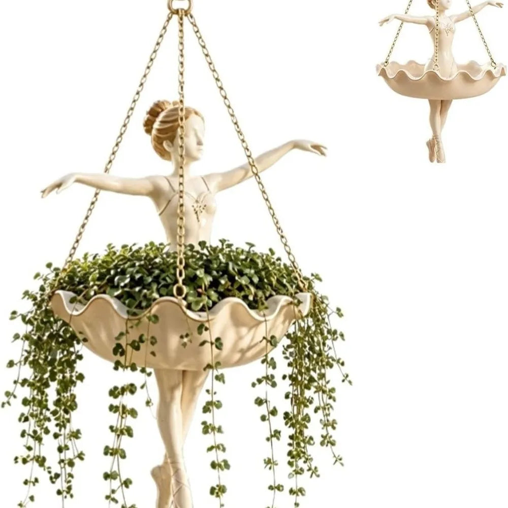 suspension décorative extérieure ballerine danse classique blanc crème plante graine oiseau chainette métal