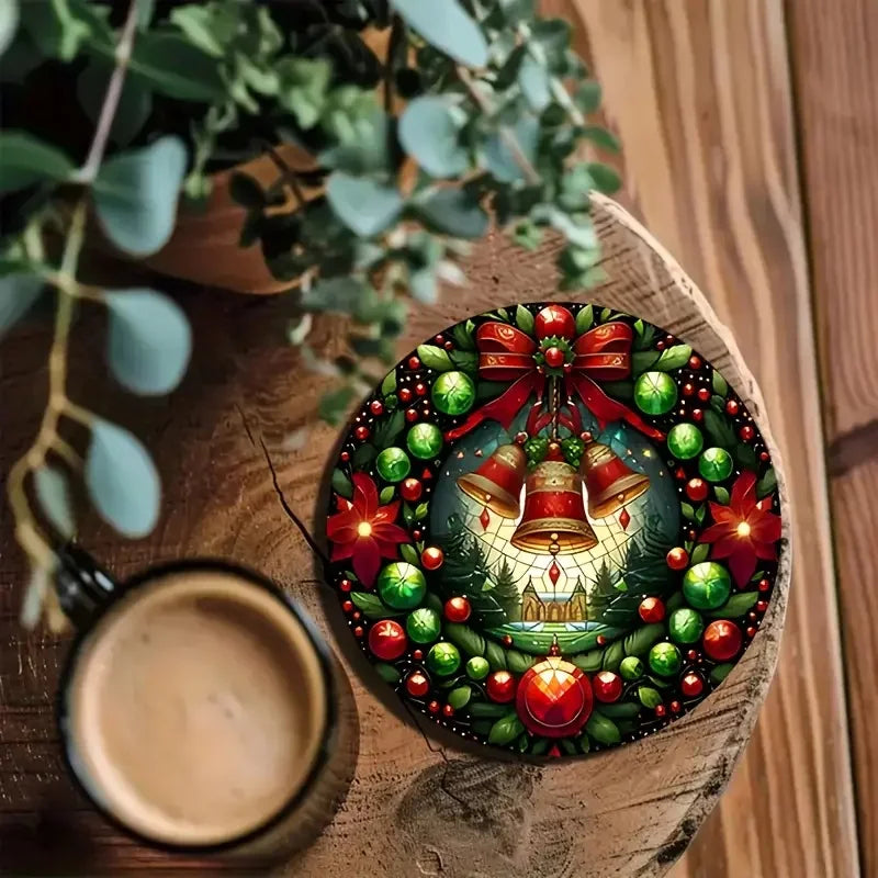 dessous verre noël bois peint boules cloches sapin père noël festif vert rouge traditionnel