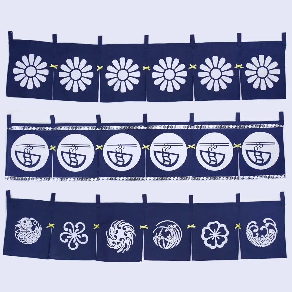 rideau porte horizontal japonais motifs floraux animaux bleu marine traditionnel opacité decoration interieur