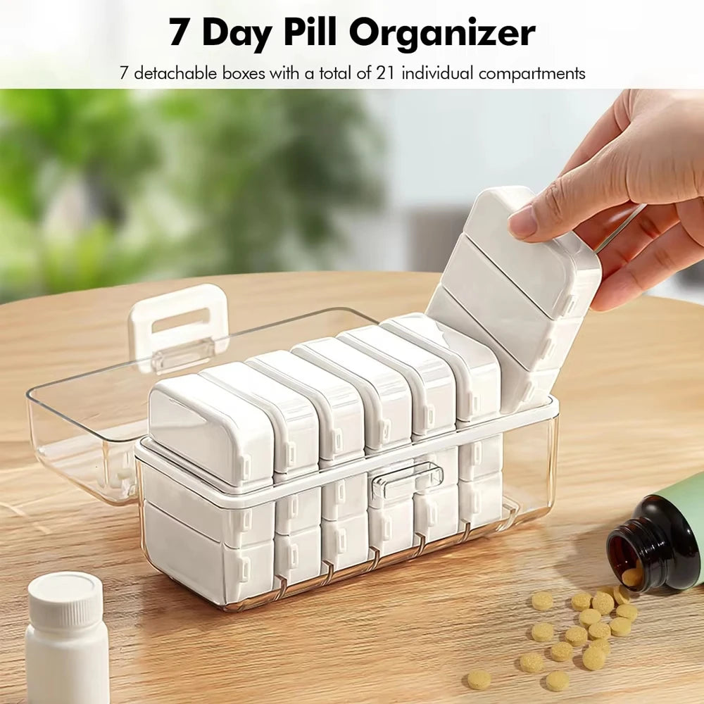 organisateur médicaments boîte pilules compartiments transparents couleurs gris blanc moderne pratique