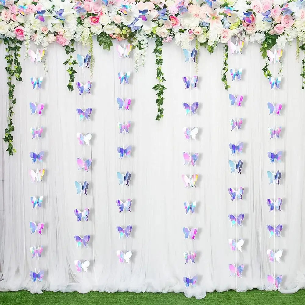 décoration fête papillons argent rose bleu or noir iridescente guirlande fleurs artificielles nouvelle année