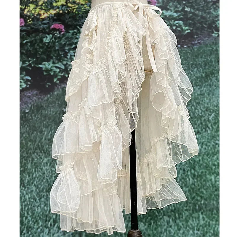 jupe femme lolita blanche dentelle volants superposés vintage romantique ceinture nouer taille ajustable
