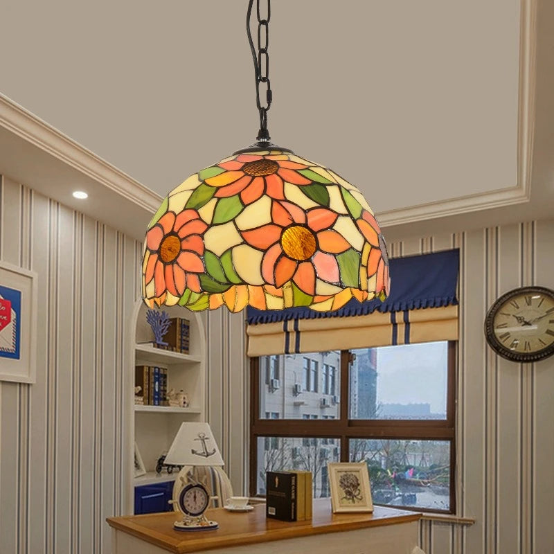 lampe suspendue tiffany multicolore art nouveau vintage motifs floraux chaîne métallique