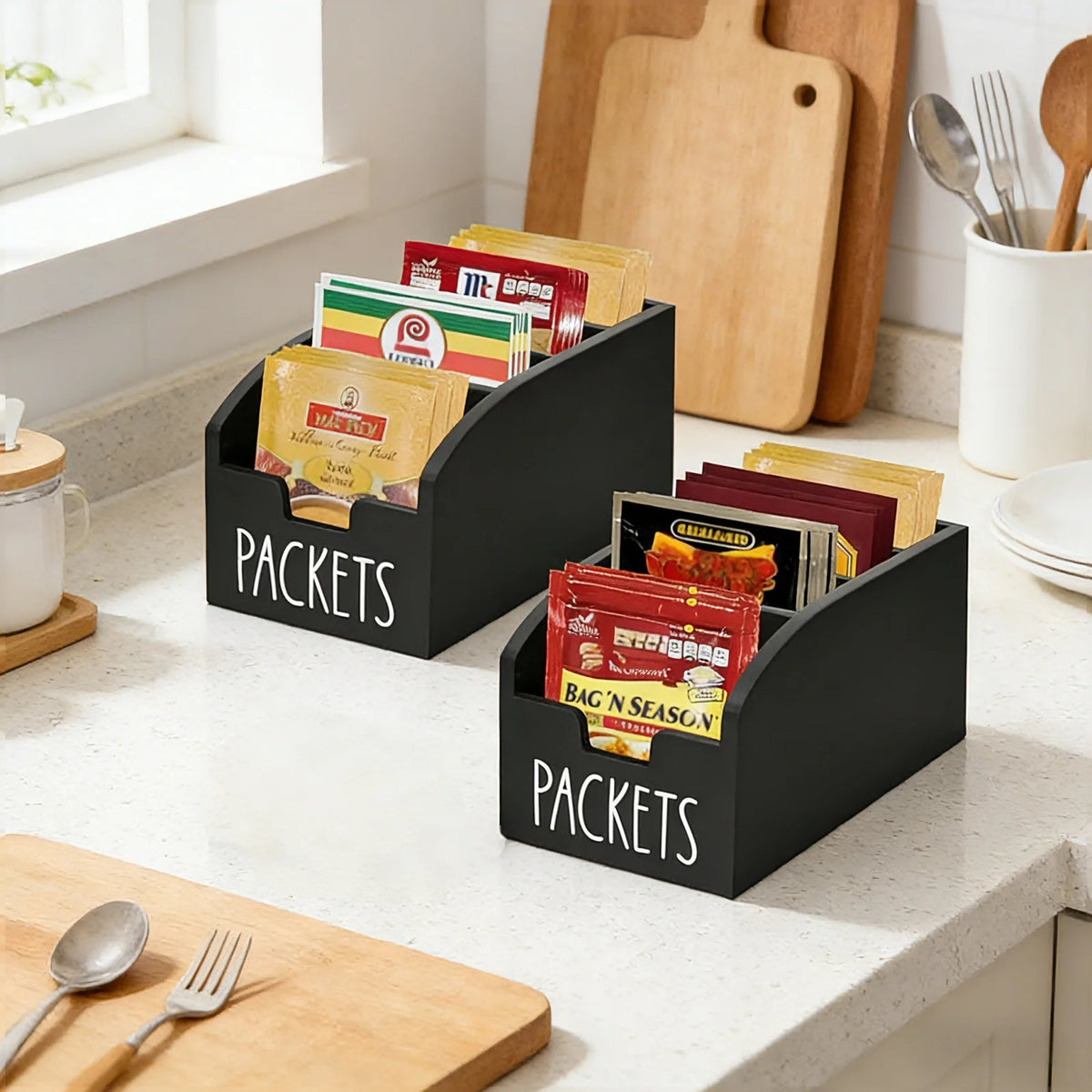 organisateur paquets noir bois moderne sans fixation compartiments cuisine rangement sacs alimentaires echangement modulaire