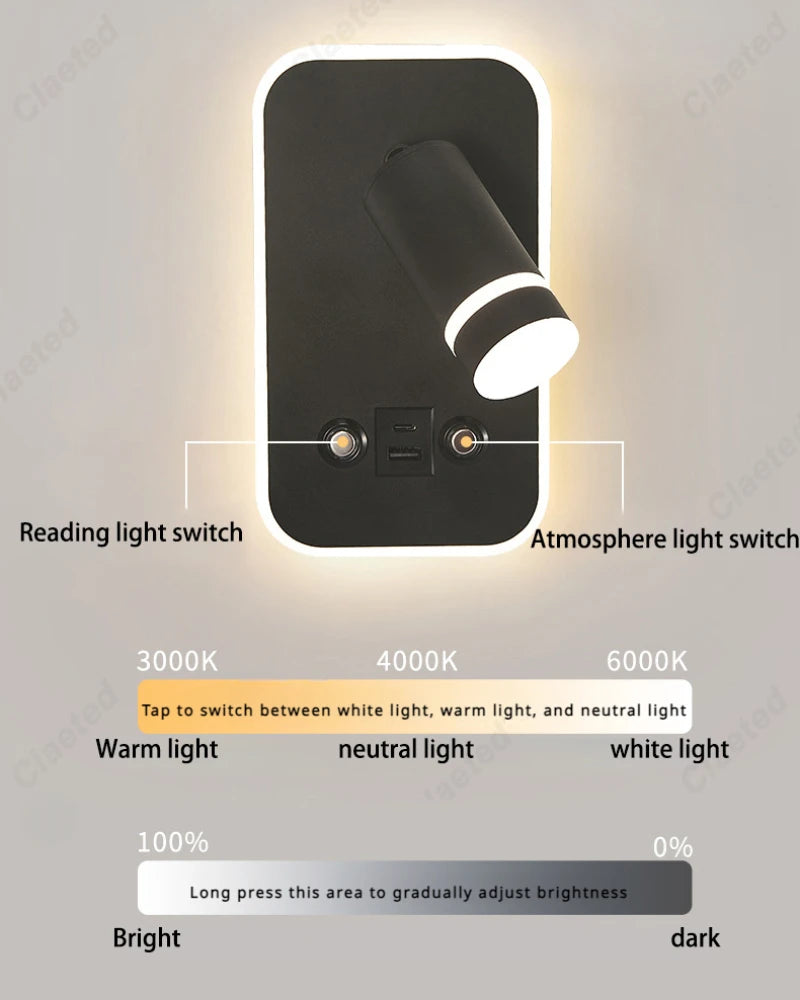lampe murale moderne noire blanche dorée prise usb charge smartphone interrupteur éclairage chambre cuisine