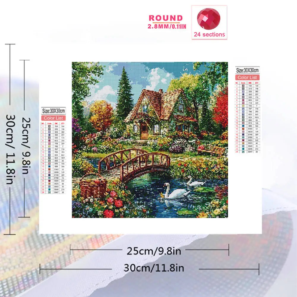 tableau diamant paysage montagne rivière multicolore maison pont fleurs cygnes outils adhésif DIY decoration