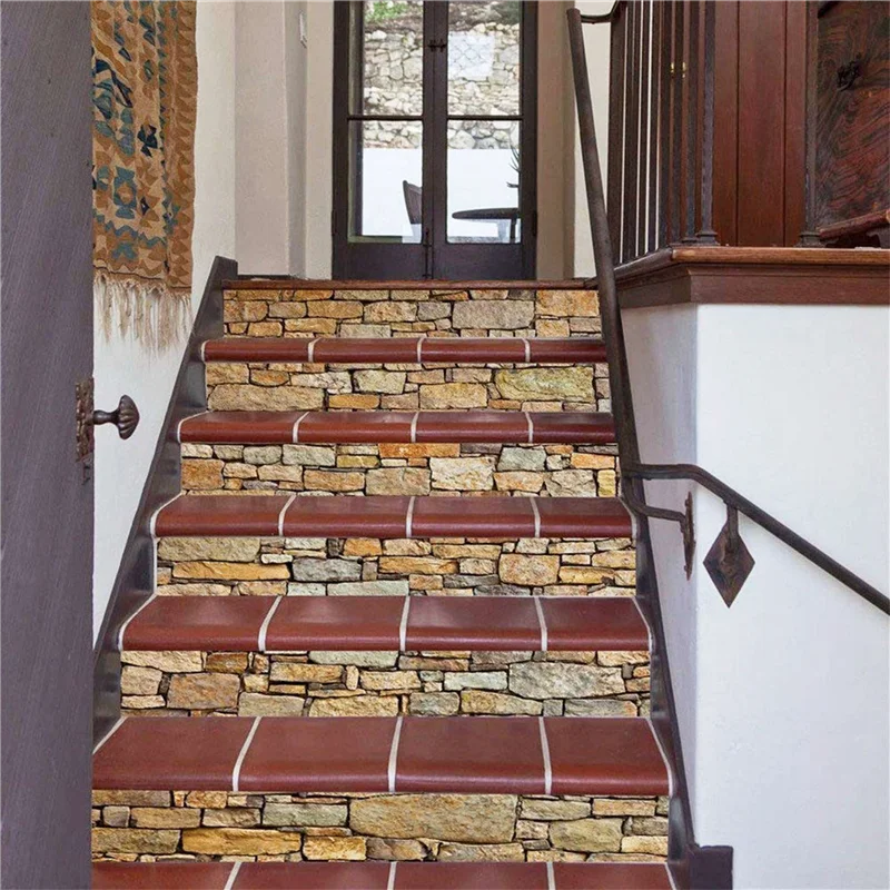 sticker mural escalier imitation pierre rustique beige marron gris rouge brique opalescent six pièces