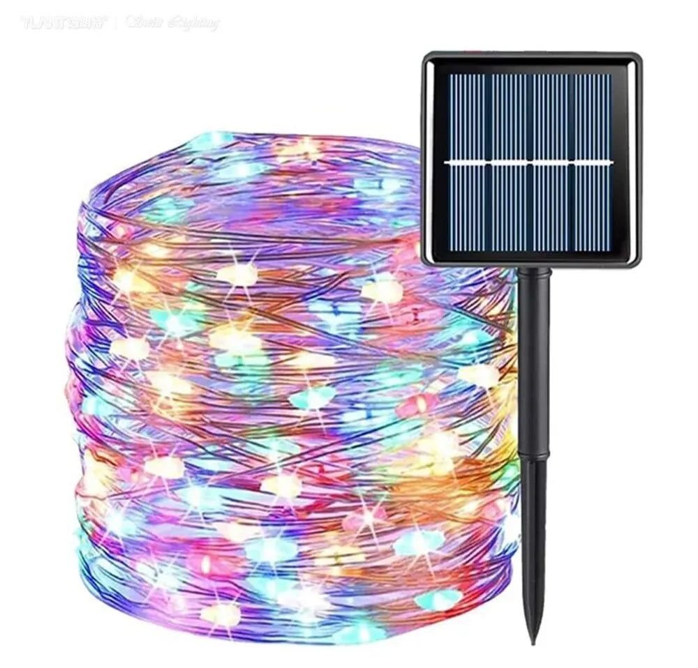 guirlande lumineuse solaire 100 led blanc chaud multicolore fil cuivre moderne extérieure noël mariage