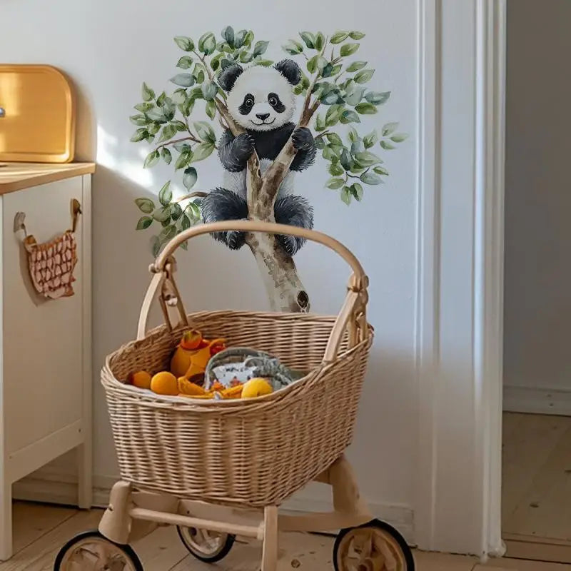 sticker mural panda arbre feuilles vertes adhésif chambre enfant décoration intérieure illustration réaliste