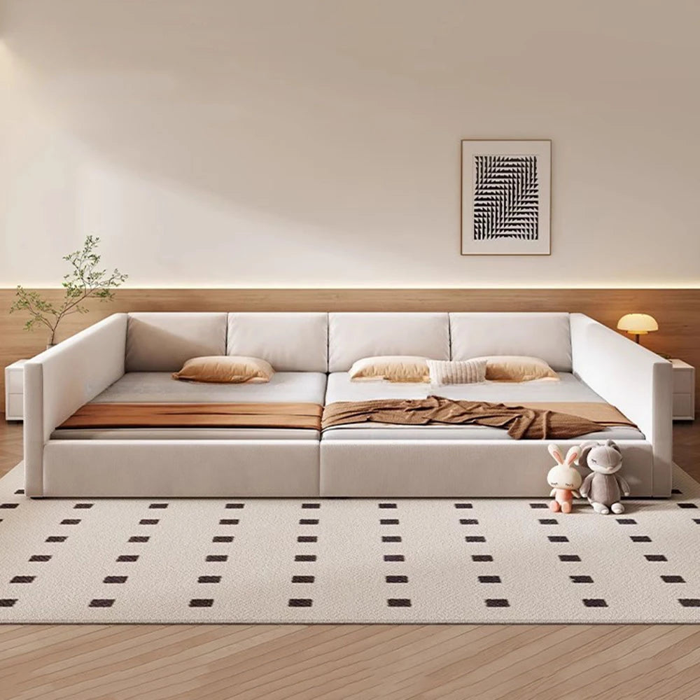 lit plateforme modulaire blanc crème moderne coussins tapis géométrique 180x200cm chambre scandinave