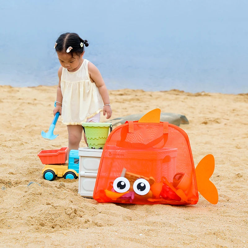 sac plage enfant orange vert bleu noir poisson transparent pelle seau jouet