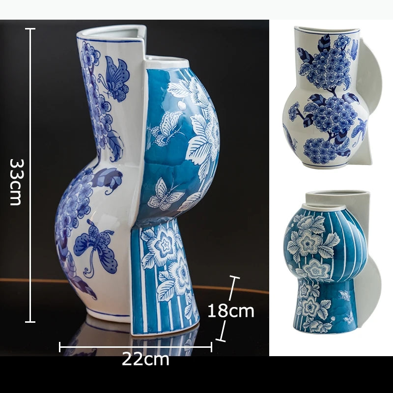 vase bleu blanc floral oiseaux classique traditionnel decoration table arrangement floral