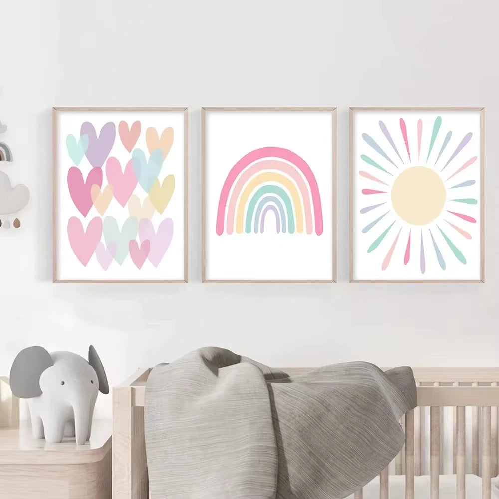 affiche dessin animé cœur arc ciel soleil moderne enfant rose blanc bleu jaune vert
