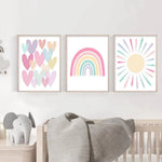 affiche dessin animé cœur arc ciel soleil moderne enfant rose blanc bleu jaune vert