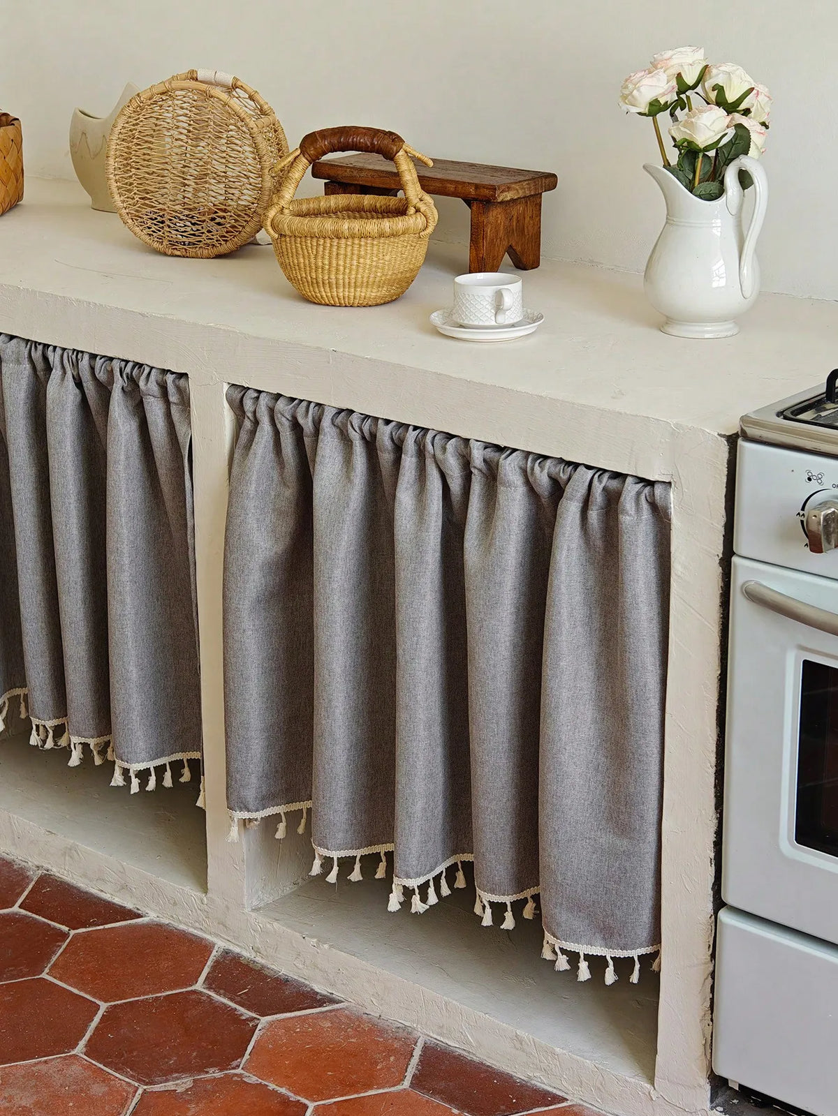 rideau cuisine beige classique 100 polyester opaque franges 30 70 90 cm