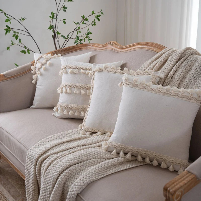 coussin carré bohème franges blanches beige décor maison tissu polyester simple 60x60cm