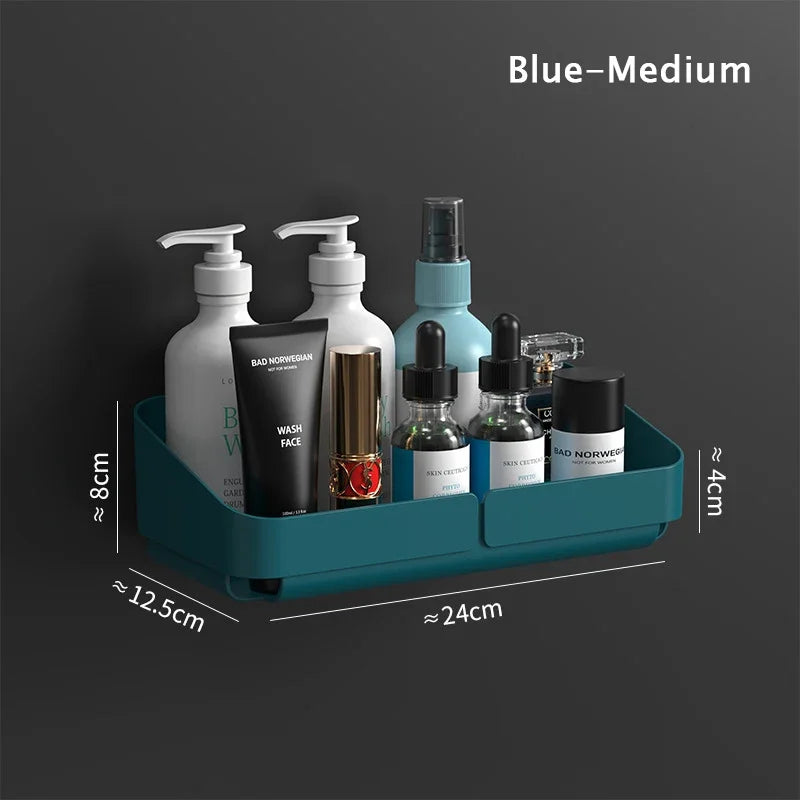 étagère rangement murale adhésive bleu jaune blanc moderne bouteilles flacons pots cosmétiques salle bains