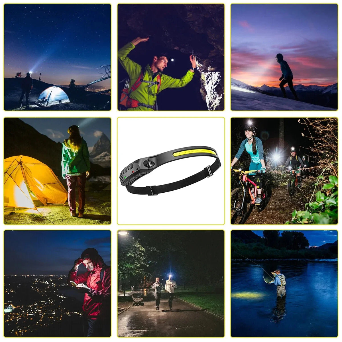 lampe frontale rechargeable led noir jaune silicone moderne camping