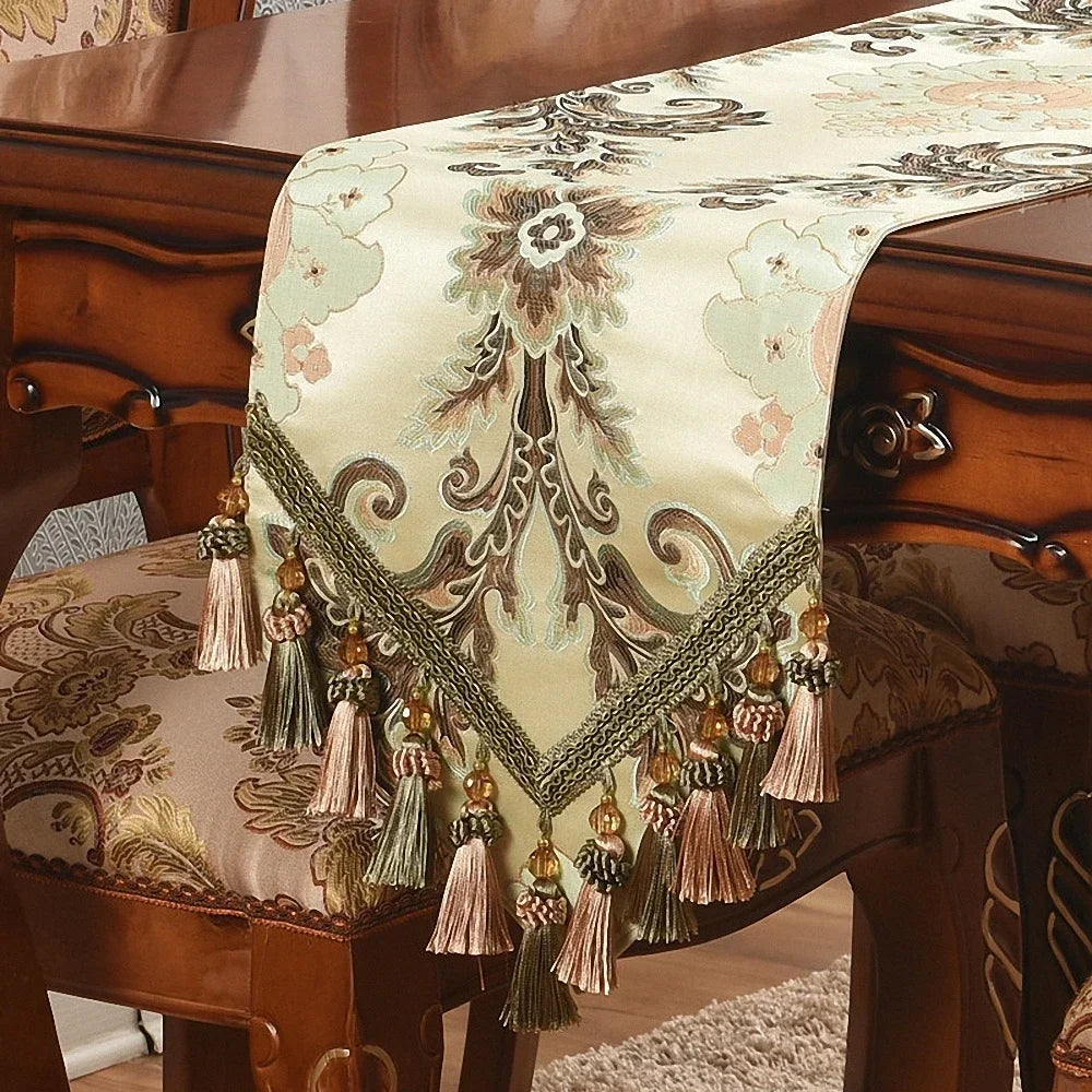 table chevet chemin table brocart floral classique élégant beige vert or marron polyester coton