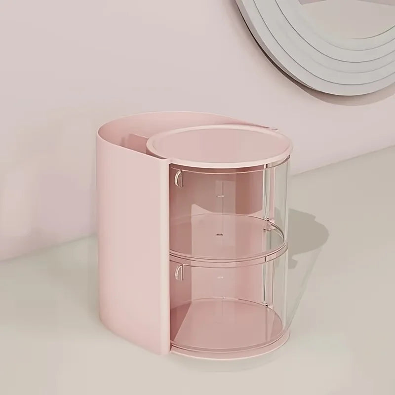 organisateur rotatif compartiments transparents pinceaux maquillage éponges beautyblender barrettes élastiques miroir blanc rose kbeauty