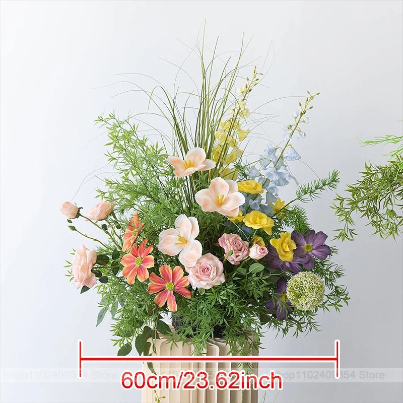 décoration murale bouquet fleurs artificielles roses blanches jaunes bleues feuilles vertes mariage fête événement