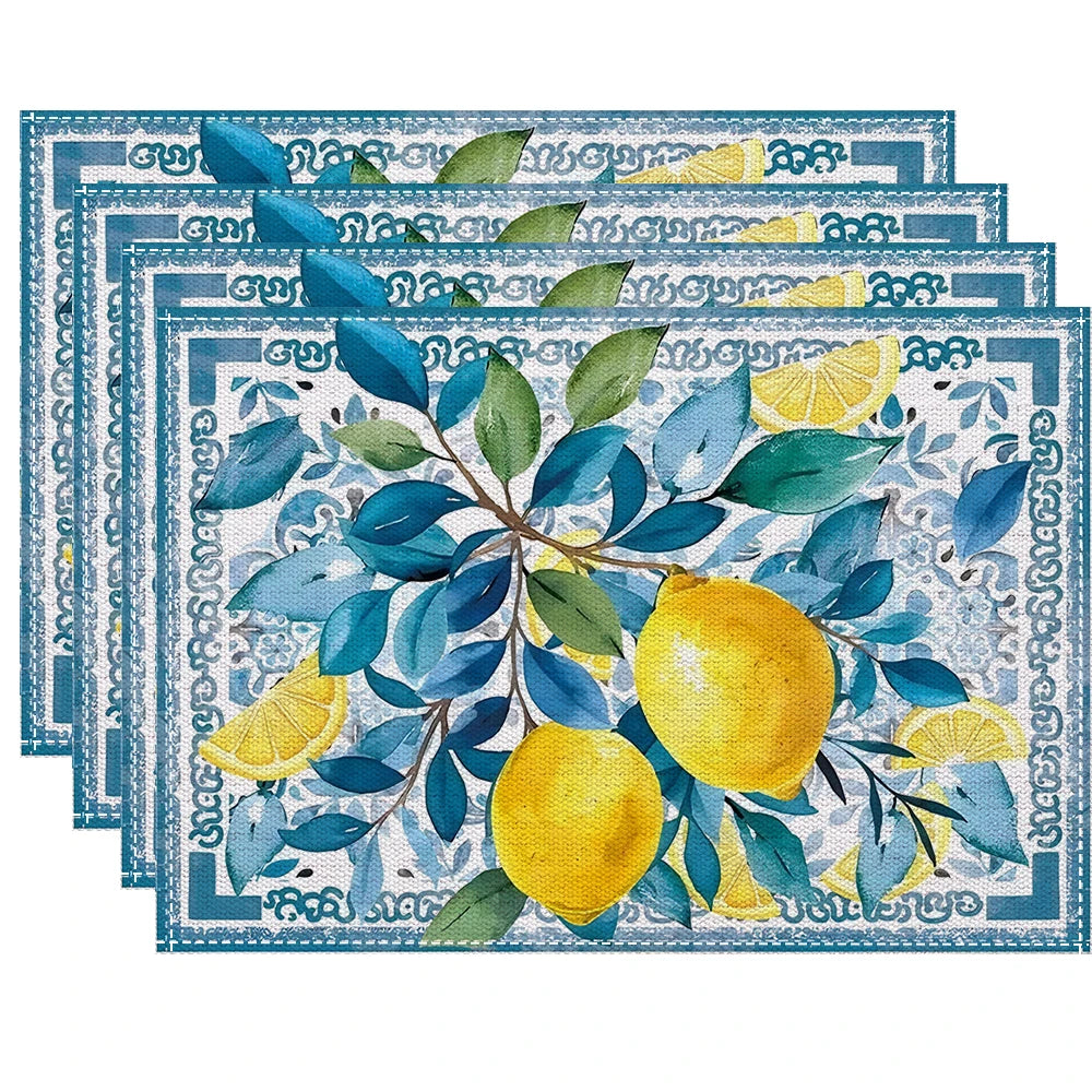 serviettes table lin lavables motif floral citron carreaux gris blancs textes décoratives rustiques