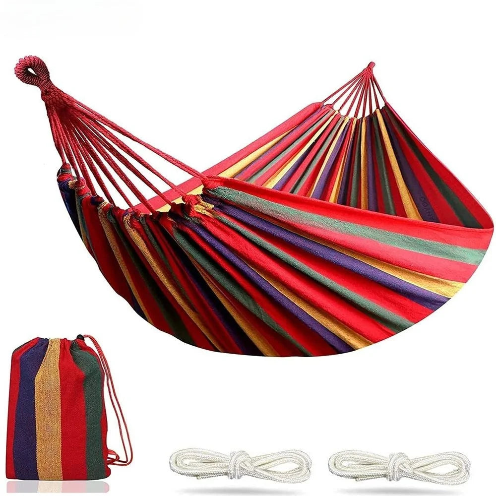 hamac double rayures horizontales rouge bleu confortable cordelettes sac cordons adultes extérieur jardin