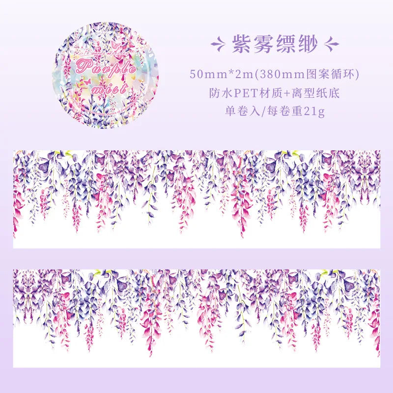ruban decoratif floral multicolore fleurs suspendues adhesif decoration romantique feuilles vert violet blanc