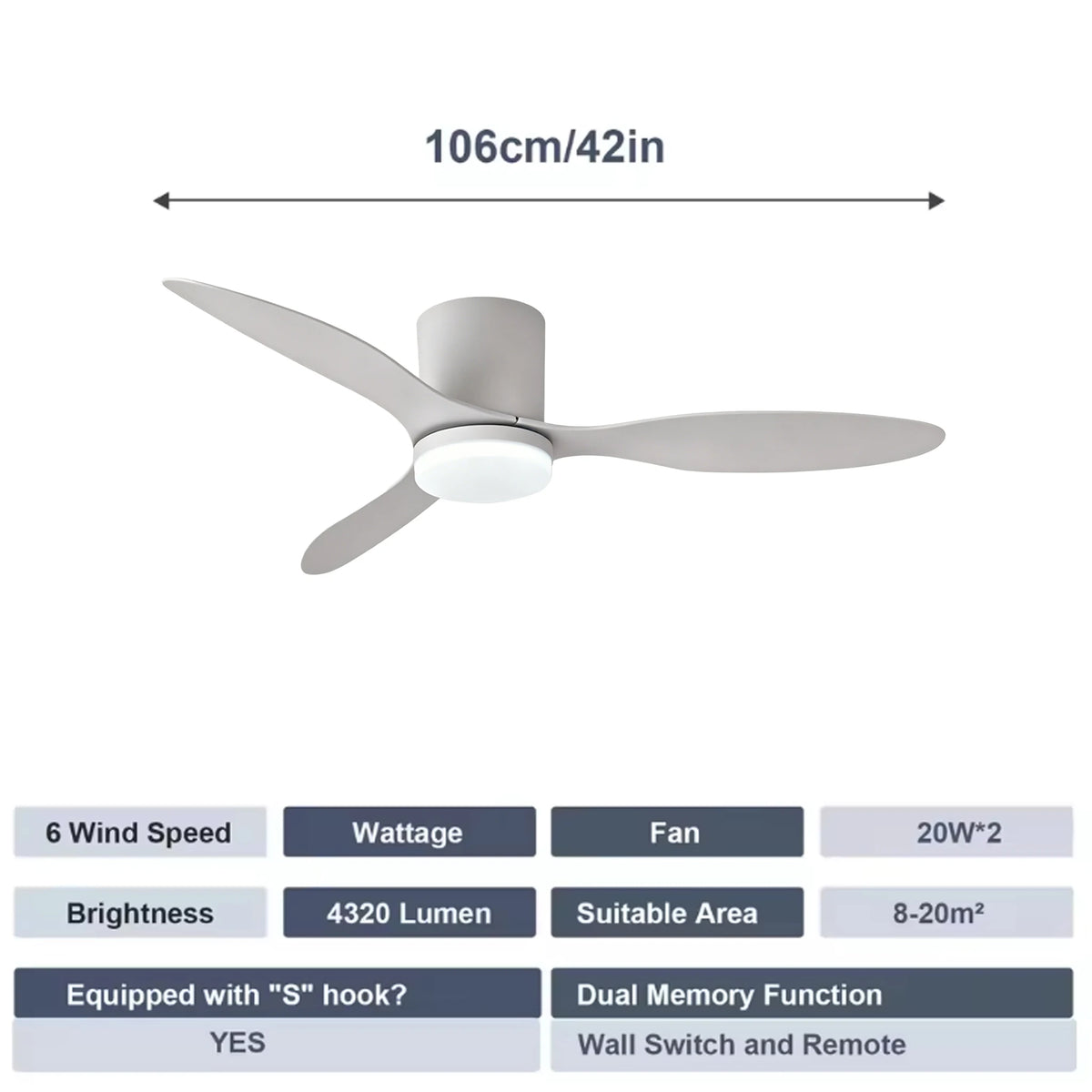 ventilateur moderne blanc marron clair lampe intégrée led télécommande autonome flux lumineux 249 2000