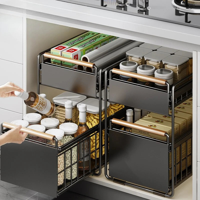 panier rangement gris métallisé cuivre grille fine moderne boîtes bouteilles extensible multifonctionalité