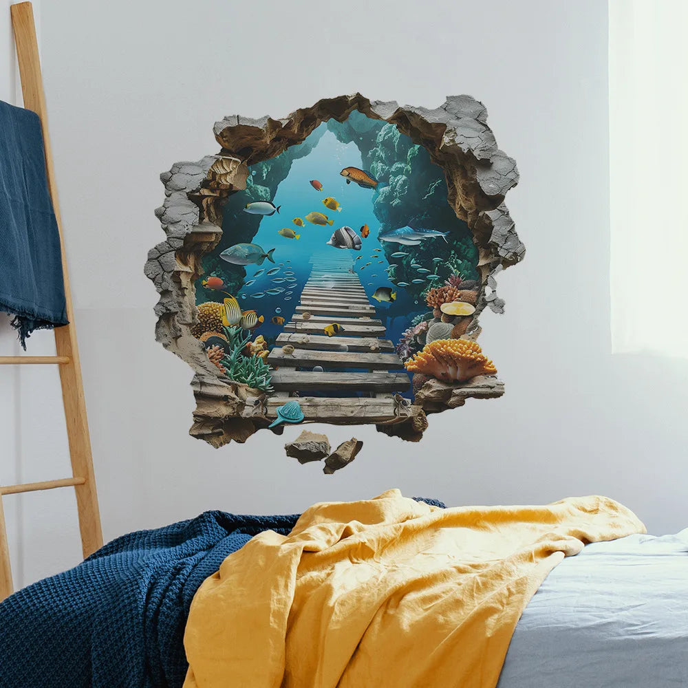 sticker mural 3d sous marin pont poissons coraux décoration mur opaque réaliste adhésif chambre