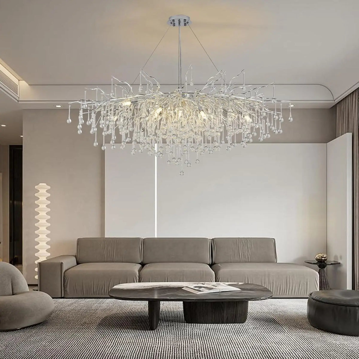 lustre contemporain transparentes branches stylisées suspension chaînes élégant lumière led blanc