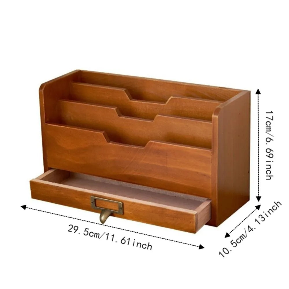 organisateur bois marron vintage tiroirs compartiments documents stylos