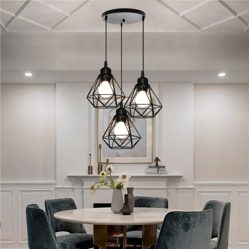 suspension lumineuse industrielle moderne filtre grille géométrique noir blanc ampoles filament salon chambre