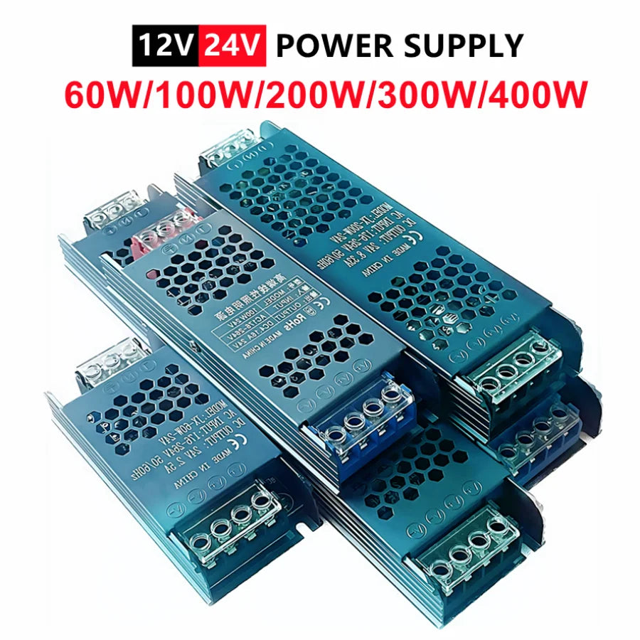 alimentation électrique 12v 24v 60w 100w 200w 300w 400w ultra fine bleue
