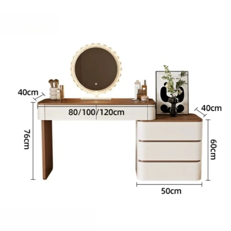 coiffeuse moderne minimaliste miroir led tabouret rangement tiroirs blanc marron foncé